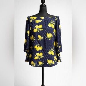 Made in USA Lemon Print Off Shoulder Blouse Women’s XL Navy Blue